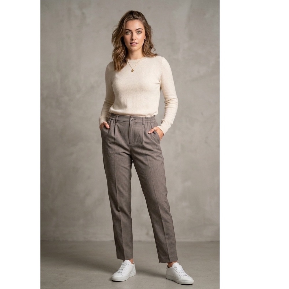 Pieces PCCAMIL High Waisted Tapered Trousers Brown Grey Taupe Size L 17148687
